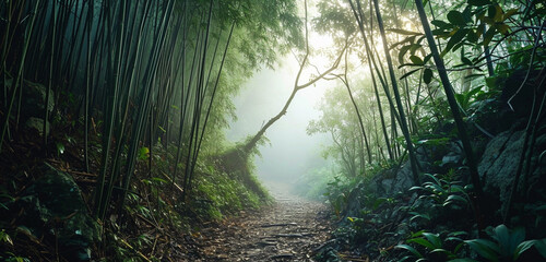 A sweeping view of a dense bamboo forest with a path leading into the mist,