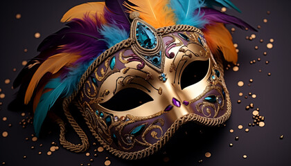 Feathered costume, mask, celebration, mystery, gold event generated by AI