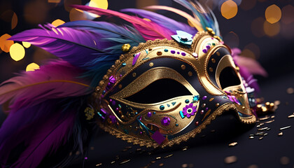 Mardi Gras celebration, mask, costume, feather, party, parade generated by AI