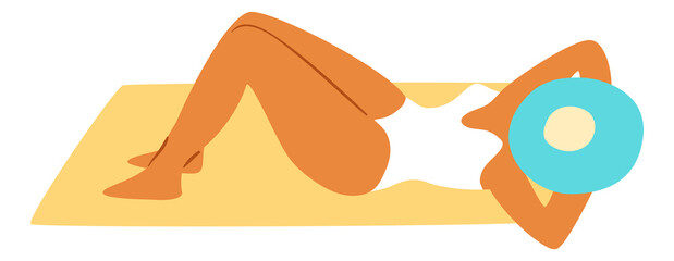 Woman laying on beach. Tanned character. Sunbathing person