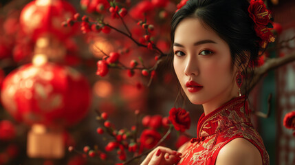 Naklejka premium Beautiful Chinese girl wearing a red national costume, red background, Chinese style art. Carnival celebrating Chinese New Year national costume fashion