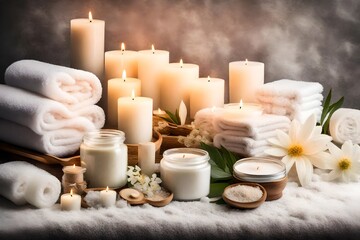Spa day arrangement with scented candles, bath salts, and a fluffy towel.
