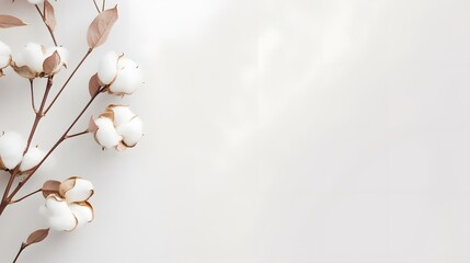 Single cotton branch on light background top view. Minimal flat lay composition from delicate...