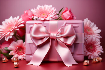 A beautifully packaged pink gift box decorated with a bow on a soft pink background.