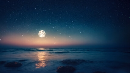 Notte Incantevole- Cielo Stellato con Luna Piena sulla Distesa del Mare - obrazy, fototapety, plakaty