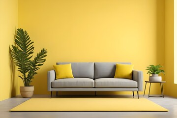 Minimalistic modern interior design with grey sofa with pillows and bright yellow clear wall with plants