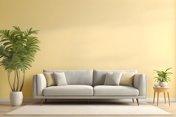 Minimalistic modern interior design with grey sofa with pillows and creamy yellow clear wall with plants