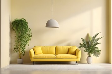 Minimalistic modern interior design with yellow sofa with pillows and creamy yellow clear wall with plants - obrazy, fototapety, plakaty