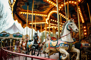 Fototapeta na wymiar Merry go round carousel in amusement park. Glowing attraction in city park. Childhood entertainment