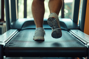 Legs of overweight person run on treadmill in gym. Cardio exercises for burning calories. Sports training for weight loss
