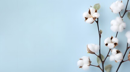 Single cotton branch on light background top view. Minimal flat lay composition from delicate cotton flowers for design with blank space. . - obrazy, fototapety, plakaty