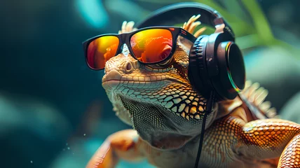 Foto op Canvas A lizard wearing over the ear headphones and rave sunglasses, good vibes photograph © Artistic Visions