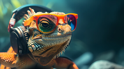 Fototapeta premium A lizard wearing over the ear headphones and rave sunglasses, good vibes photograph