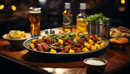 Obraz premium Grilled meat on table, freshness and beer at lunchtime generated by AI