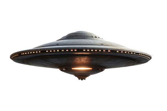 UFO, Alien Spaceship Isolated On Transparent Background, Close Up Of Flying Saucer, Alien Abduction Concept