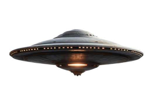 UFO, alien spaceship isolated on transparent background, Close up of flying saucer, Alien abduction concept