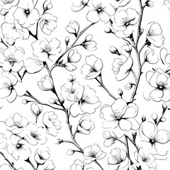 Cherry blossom flower and leaf drawing illustration with line art on white backgrounds.