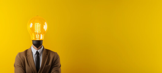 A creative visual metaphor depicting a man in a tailored suit with a brightly lit light bulb replacing his head, against vivid yellow background, suggesting moment of insight. Banner. Copy space - obrazy, fototapety, plakaty
