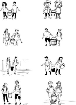 Jack and Jill minimalist illustration sheet of eight black and white images. Represents the classic nursery rhyme story.