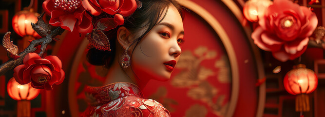Beautiful Chinese girl wearing a red national costume, red background, Chinese style art. Carnival celebrating Chinese New Year national costume fashion