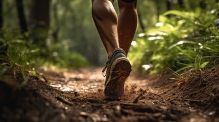 A man running on the mountain with a close up of sports shoes. shoes treading mountain paths. shoes through mud puddles. Generative AI
