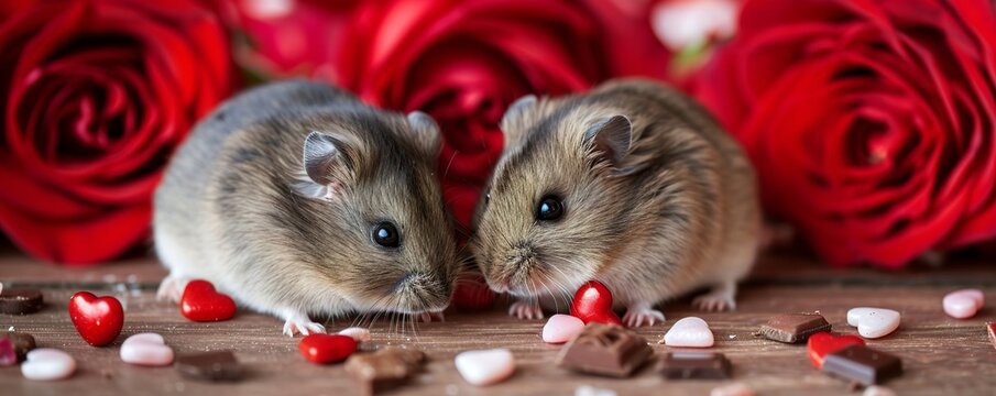 two Dzungarian dwarf hamsters on a Valentines Day card