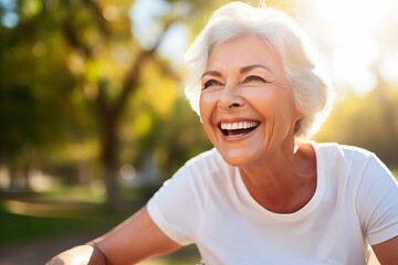 Happy Elderly Caucasian Woman with Joyful Expression Riding a Bicycle in the Sunlit Park