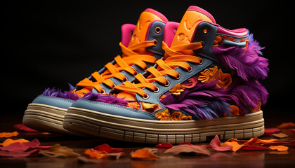 Multi colored sports shoe on black background, vibrant and modern generated by AI