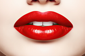 Obraz premium Close-up of woman’s mouth with red lipstick