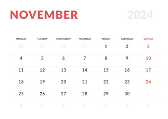 Monthly page Calendar Planner Templates of November 2024. Vector layout of simple calendar with week start Monday for print. Page for size A4 or 21x29.7 cm