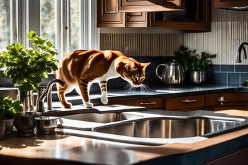  a cat elegantly drinking from a kitchen sink. Impeccable lighting highlights the feline's graceful movement and the surrounding kitchen details, creating a super realistic portrayal that exudes