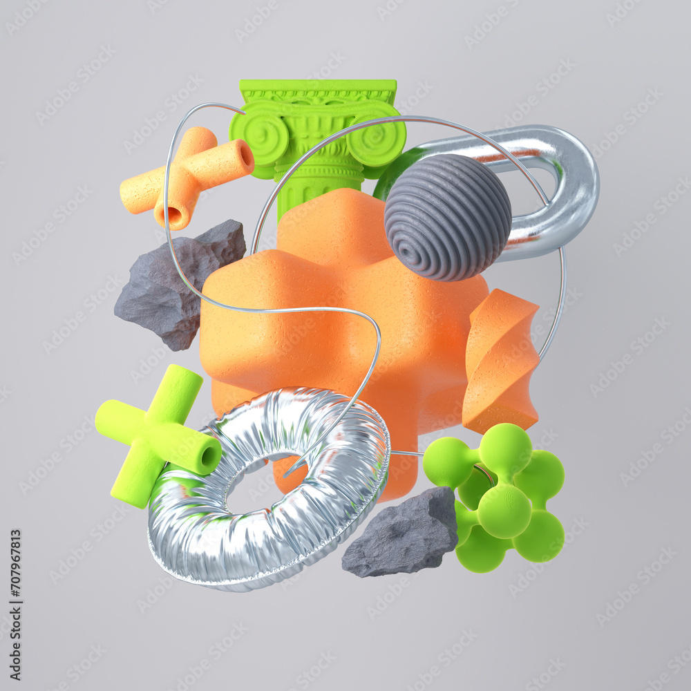 Fototapete random 3d shapes modern colorful composition. 3d rendering illustration.