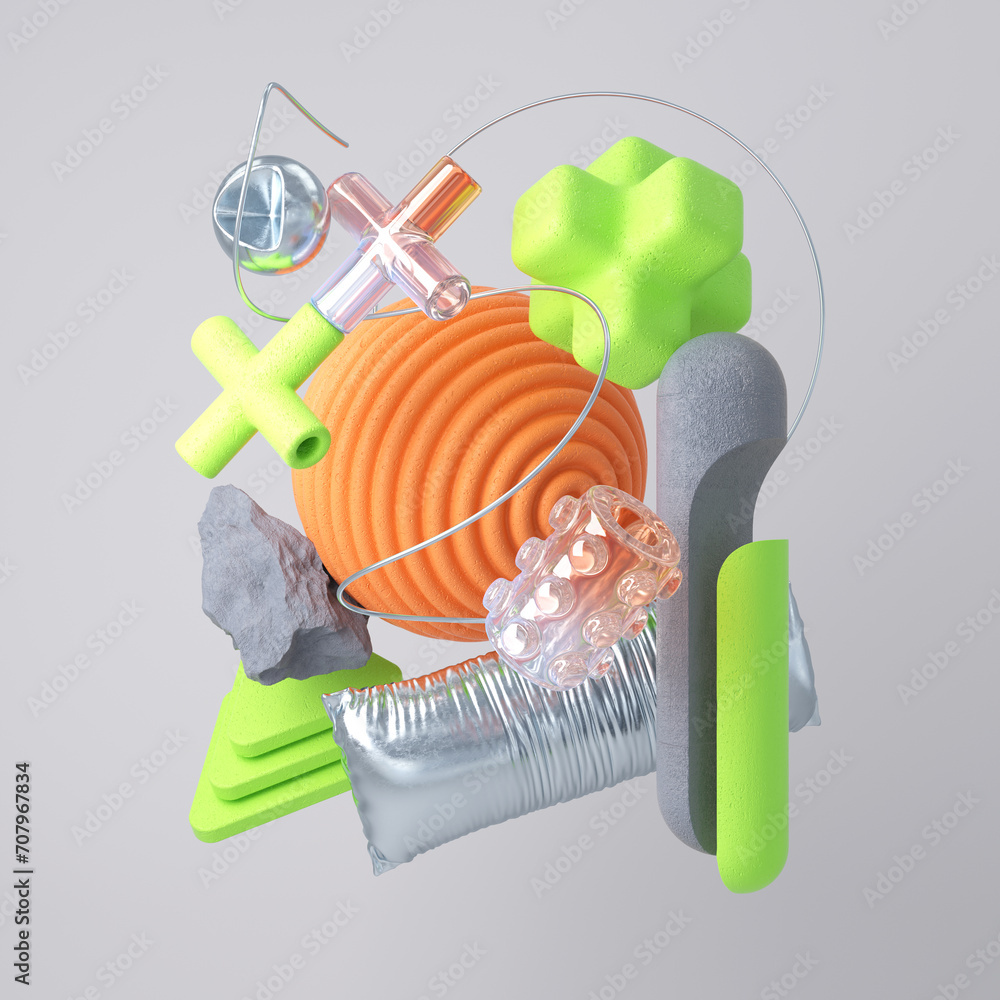 Poster random 3d shapes modern colorful composition. 3d rendering illustration.