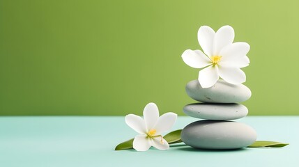 White stones stack and flowers on green background. Card for meditation, spa concept. Top view and flat lay.