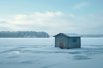 A small cabin sitting in the middle of a frozen lake. Suitable for winter-themed designs and nature landscapes