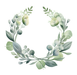 Watercolor Simple green wreath frame isolated on transparent background