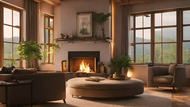 cozy room with fireplace in modern style. harmony of nature and home. Generative AI