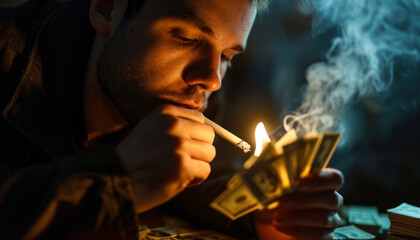 A brutal man lights a cigarette from burning money. - obrazy, fototapety, plakaty