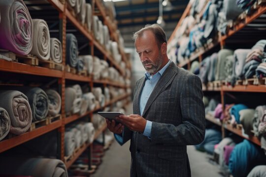 A Man In A Suit Is Looking At A Tablet. Suitable For Business And Technology Concepts