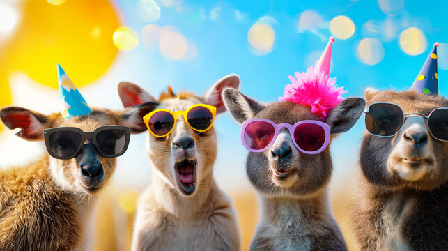 Fr&ouml;hliche lustige und l&auml;chelnde 3d Tiere auf einer Tierparty machen eine Party mit Partyh&uuml;ten und Sonnenbrillen sowie Luftballons als Kartenmotiv f&uuml;r Gru&szlig;karte Generative AI