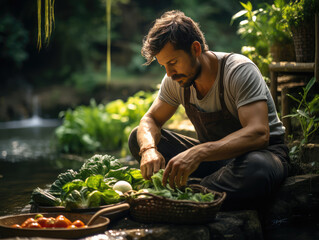 Naklejka na ściany i meble Personas naturales y saludables, recogiendo verduras en su huerto ecológico, permacultura