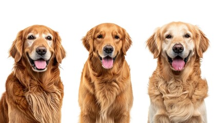 Three golden retrievers sitting side by side on a white background. Suitable for pet-related designs or advertisements