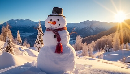 Smiling snowman in winter landscape brings joy generated by AI