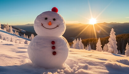Smiling snowman enjoys winter outdoors in snowy forest generated by AI
