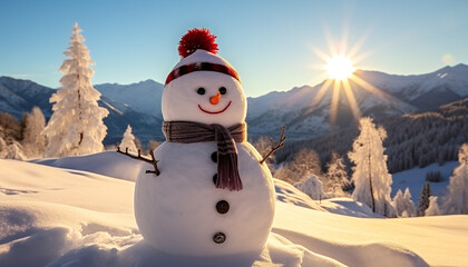 Smiling snowman in winter landscape, joyful and cheerful generated by AI