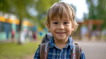 Portrait of a child boy on her first day at school.