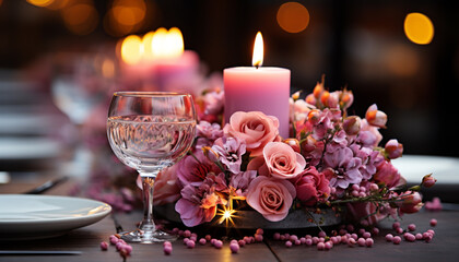 Romantic wedding celebration candlelight, elegance, luxury, wine, flower bouquet generated by AI
