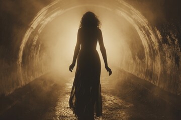A woman in a long dress is walking through a tunnel. This image can be used to represent exploration, mystery, or adventure