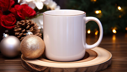 Wooden table with coffee cup, Christmas ornament, and gift generated by AI