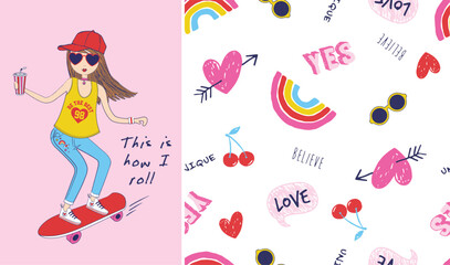 Girl skate boarding vector illustration with slogan. and cute seamless pattern with sunglasses, rainbow, cherries and hearts icon. placement and pattern set for t-shirt set , fashion girls and teens